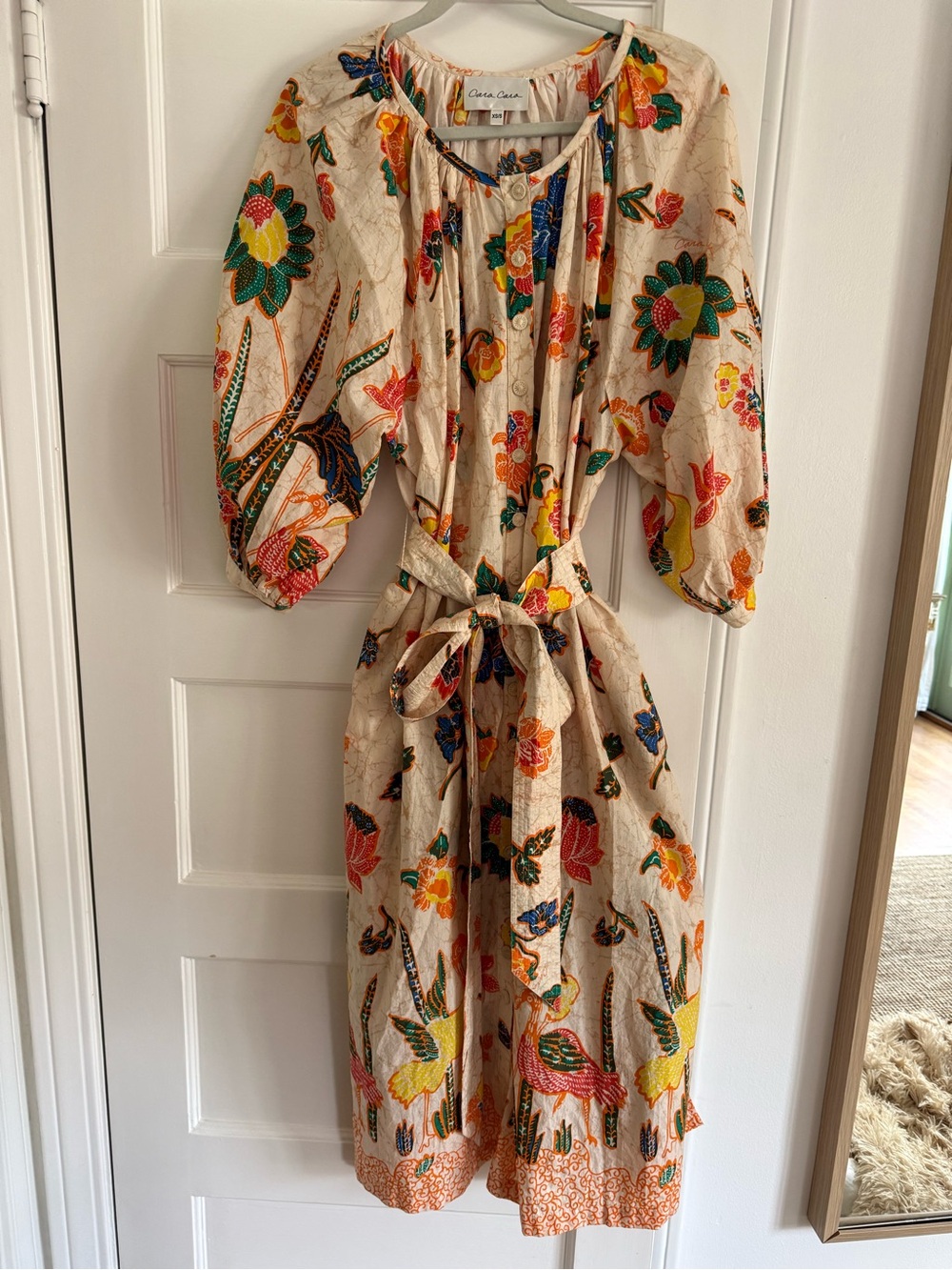 Floral Tie-Waist Boho Maxi Dress - Cream with Multicolor Flowers